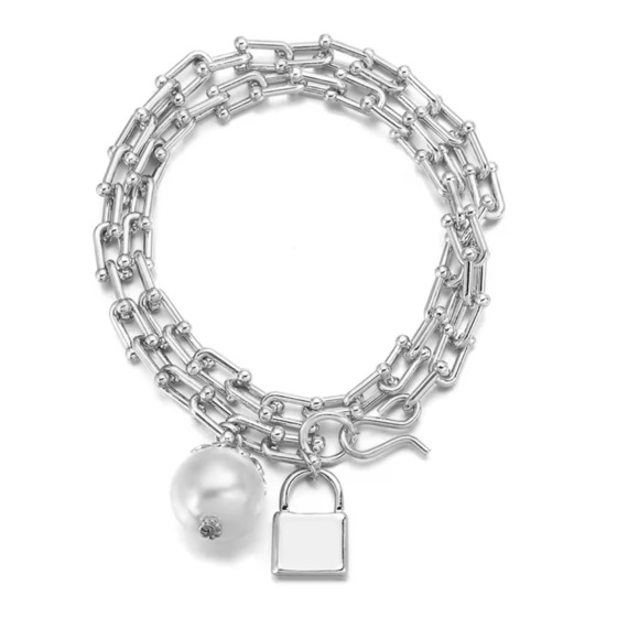Graduated Link Elegant Silver Chain Lock Pearl Charm - Picture 1 of 7